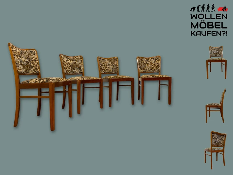 Set aus 4 eleganten und stabilen 50er Jahre Stühle mit floralem Originalbezug I 4er Esszimmerstühle Holzstühle Küchenstühle Dining Chairs Blumen Mid-Century Vintage 60er I
