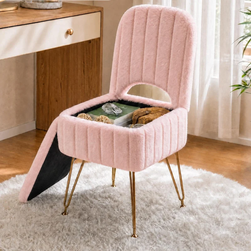 Garvee Vanity Hocker Mit Stauraum & Verstellbarer Rückenlehne Für Schlafzimmer, Kompakt, Rosa, Metallbeine
