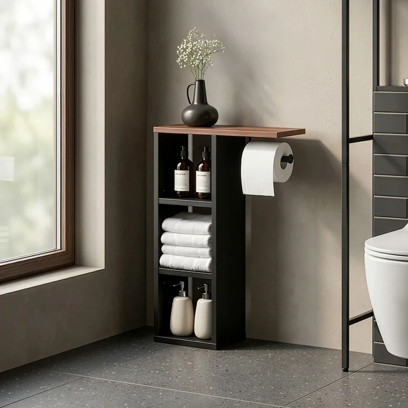Toilettenpapierhalter Trond 60x40x16 cm Schwarz/Walnussoptik [en.casa]