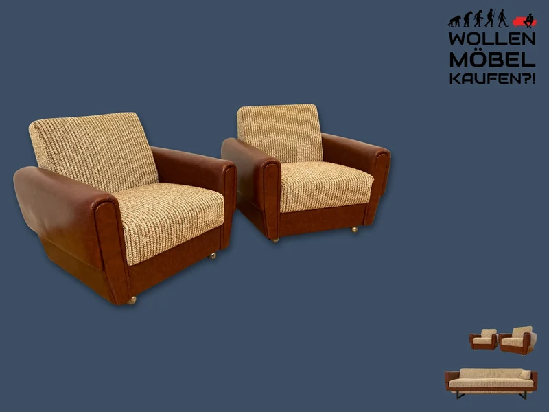 Kultiger Retro Sessel auf Rollen in beigem Wollbezug und Kunstleder Verkleidung I Clubsessel Lesesessel Ledersessel Sitzgarnitur Polstergarnitur Mid-Century 60er 70er I