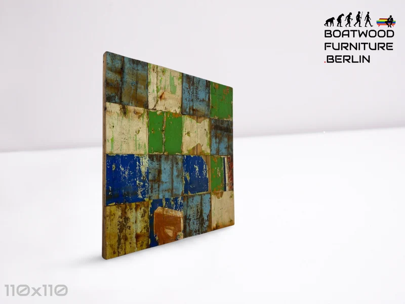 Boatwood by WMK # 110x110 großes Patchwork Holz Bild , ein handgefertigtes Unikat aus recyceltem Bootsholz # buntes Wandbild Wandpaneel Bild Kunstwerk Design Loft Wanddekoration Mosaik Wanddekor Dekor