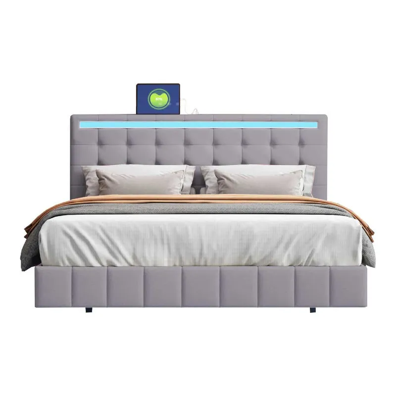 Yelenaro Polsterbett 140x200 Grau mit LED & USB, Schwebendes Design