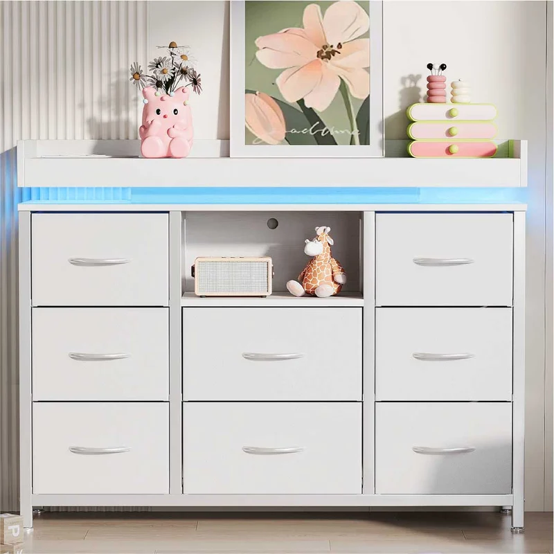 Yelenaro Kommode mit 8 Stoffschubladen & LED Beleuchtung – Sideboard mit Steckdose & USB, Aufbewahrungsschrank modern