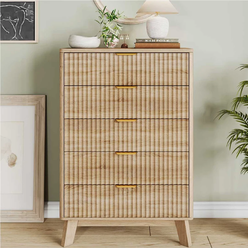 Yelenaro Kommode Holzoptik mit 5 Schubladen – Skandinavisches Sideboard Schrank Schlafzimmer Wohnzimmer