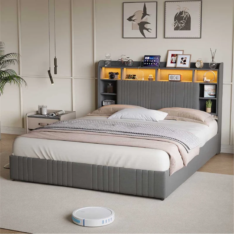 Yelenaro Polsterbett mit Stauraum im Kopfteil, LED & USB – Bett 90x200 / 140x200 / 160x200 mit 2 Schubladen