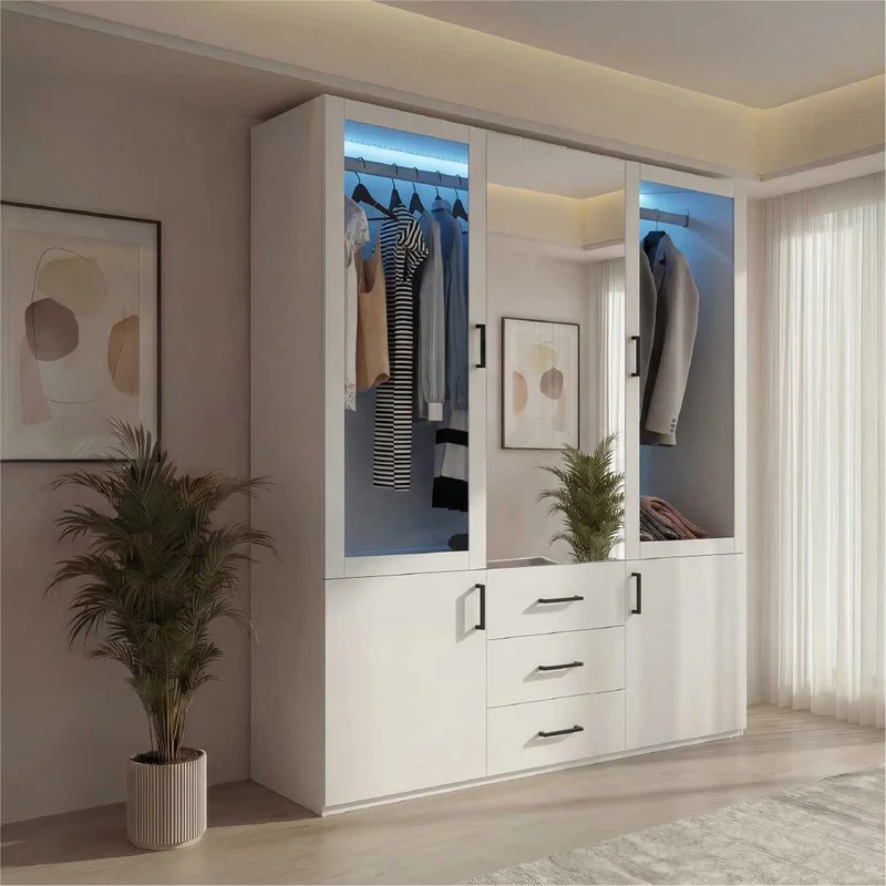 Yelenaro Kleiderschrank mit LED & Glas 130 cm – 4 Türen, Spiegel & Schubladen, moderner Design Schrank Weiß