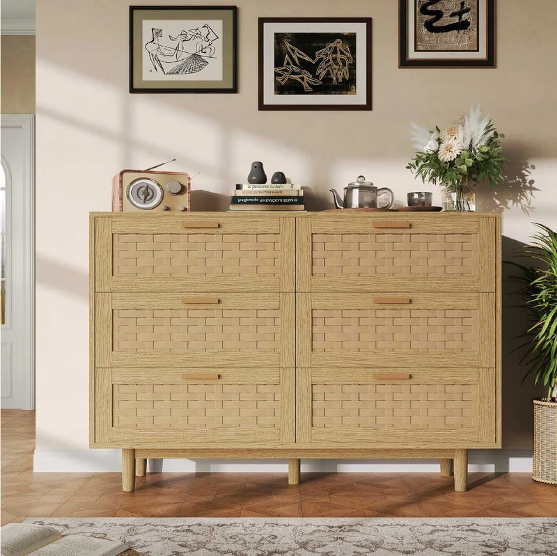 Yelenaro Rattan Kommode mit 6 Schubladen 115 cm – Holz Sideboard in Eiche & Schwarz