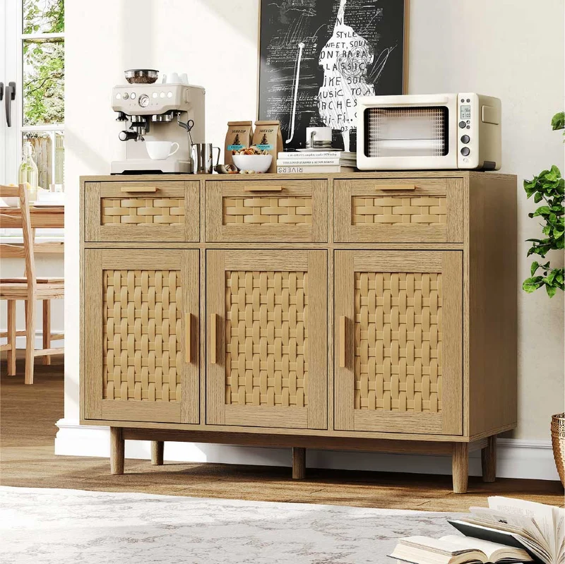 Yelenaro Rattan Sideboard mit 3 Schubladen und Türen – Holz Anrichte mit Stauraum