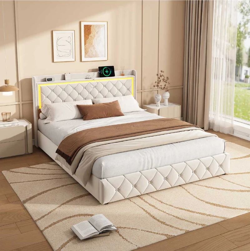 Yelenaro Polsterbett mit LED, USB & Schubladen – Samt Bett mit Stauraum 90/140/160×200 cm