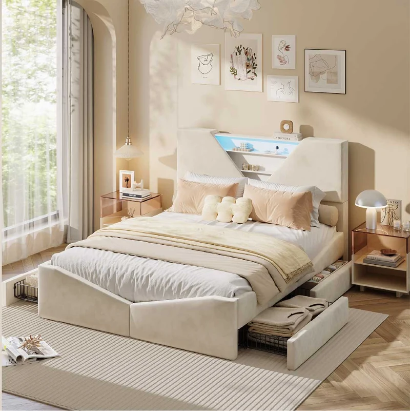 YELENARO Polsterbett mit LED & Stauraum – 140/160x200 cm