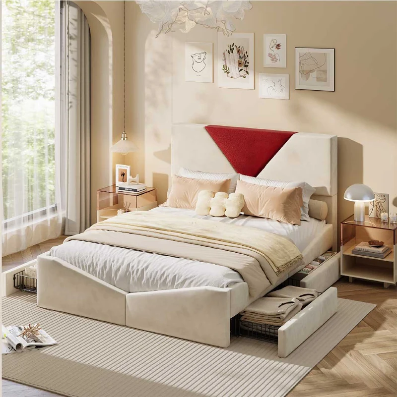 YELENARO Stauraumbett 140/160×200 cm mit 4 Schubladen & Polsterkopfteil