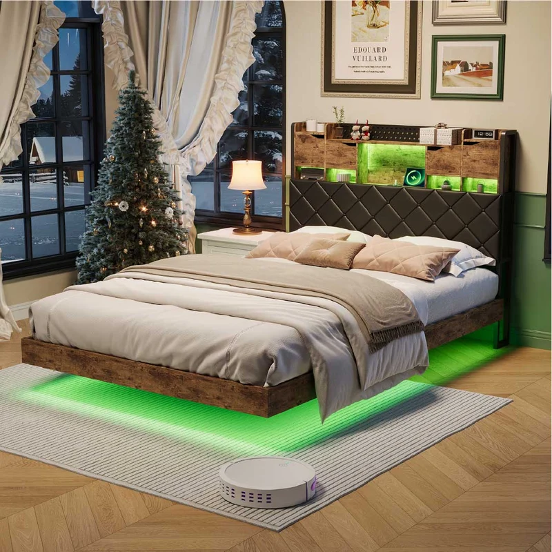 YELENARO Schwebebett 140/160x200 cm mit LED & USB – Industriebett mit Stauraum