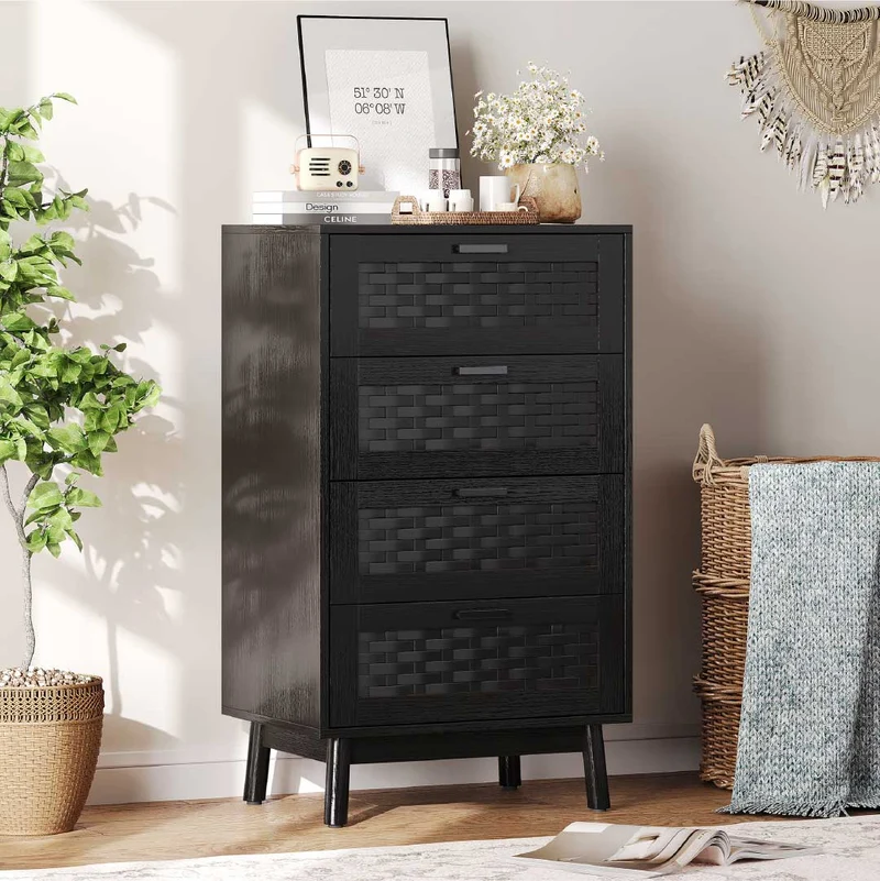 YELENARO Rattan Kommode mit 4 Schubladen – Holzoptik Aufbewahrungsschrank