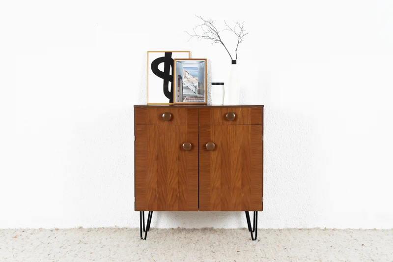 Vintage Kommode Schränkchen Holz Nuss Mid Century Schuhkommode Sideboard DDR