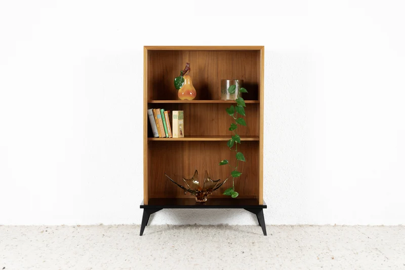 Vintage Regal Bücherregal Kommode Holz Nuss Mid Century Schwarz Schrank