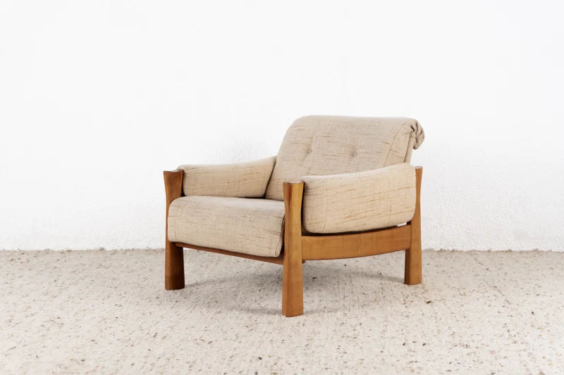 Vintage Sessel Massivholz Beige Mid Century Stuhl Nuss Holz