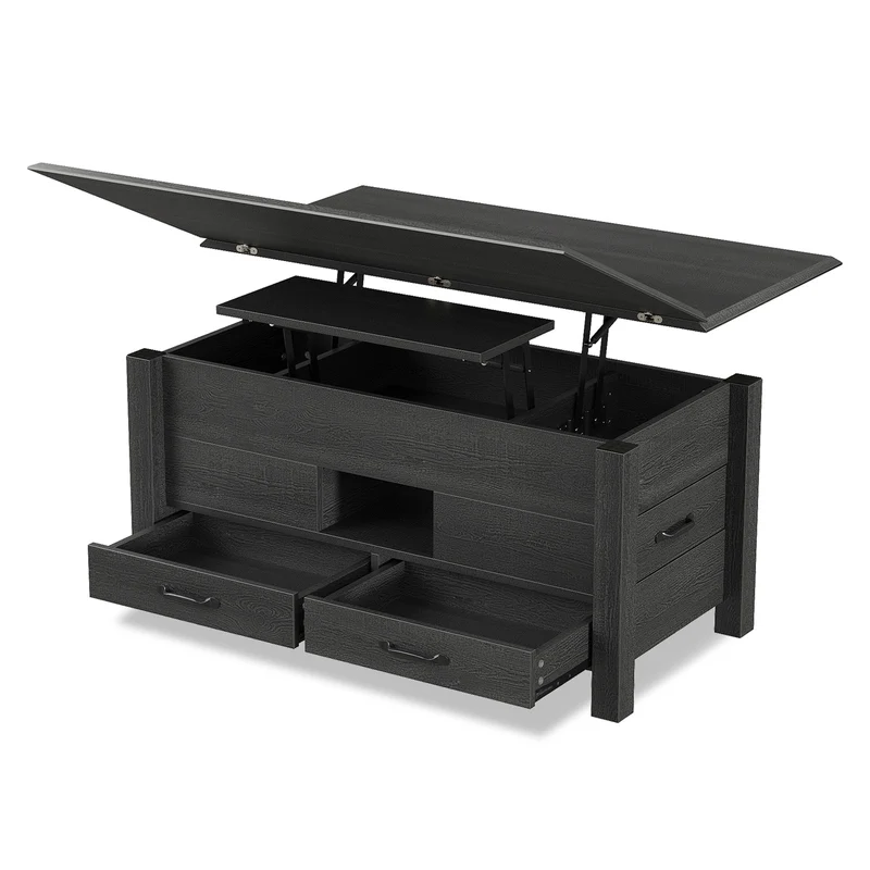 Lift Top Coffee Table, 39.4" Multi-Function Convertible Coffee Table with 4 Storage Drawers & Hidden Compartment- Yanosaku