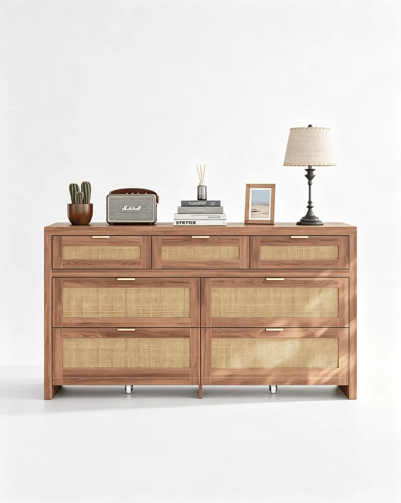 7 Drawers Dresser for Bedroom, 57” Rattan Dresser with Ample Storage- Yanosaku
