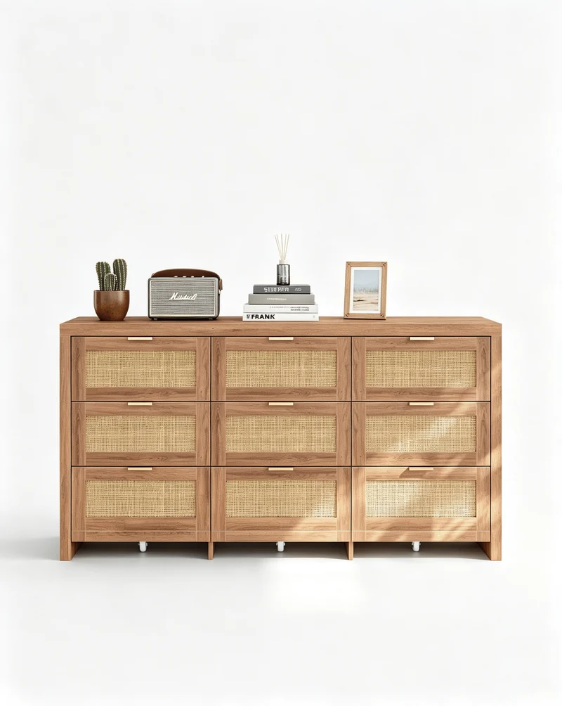 9 Drawers Dresser for Bedroom, 57” Rattan Dresser with Ample Storage,