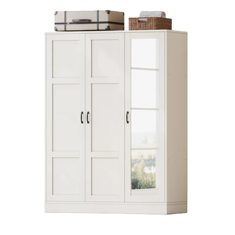 Modern 3-Door Wardrobe Armoire with Mirror, Shelves & Hanging Rod, White - Yanosaku