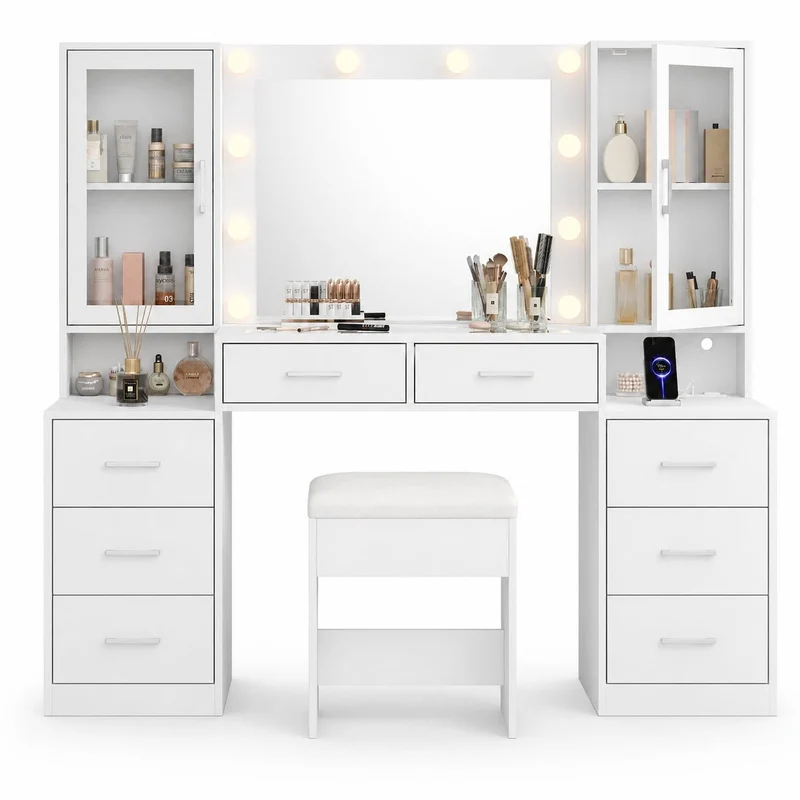8-Drawer LED Mirror Vanity Desk - Yanosaku