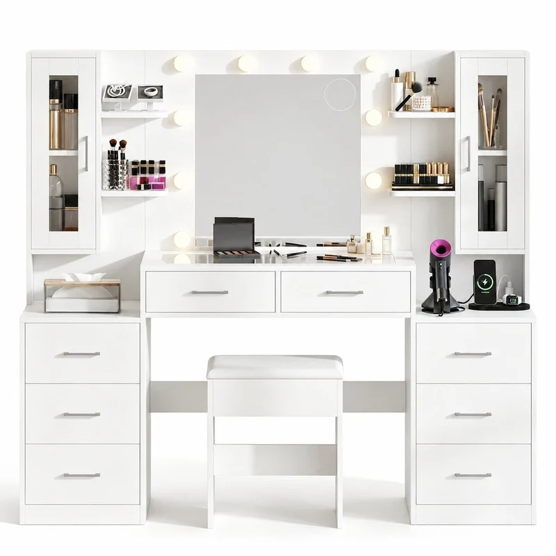 6-Drawer LED Mirror Vanity Desk - Yanosaku