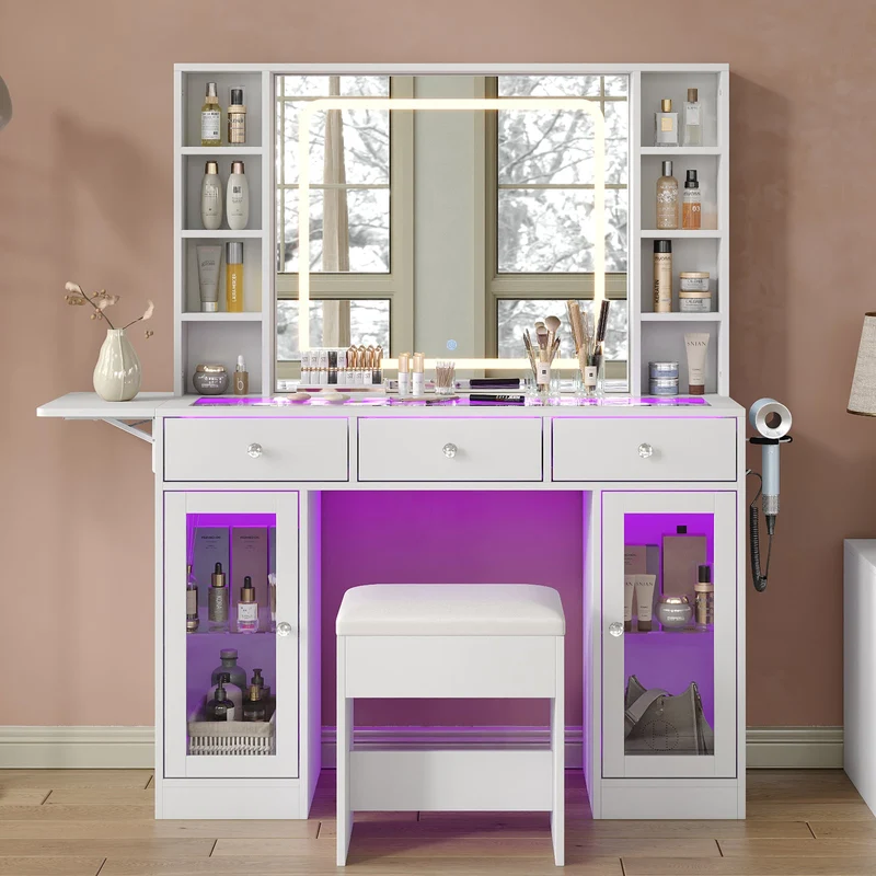 3-Drawer LED Mirror Vanity Desk - Yanosaku