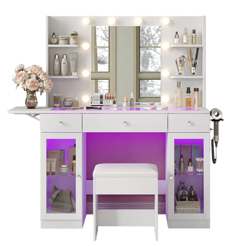 3-Drawer LED Mirror Vanity Desk with Charging Station, 2 Cabinets, Chair, White - Yanosaku