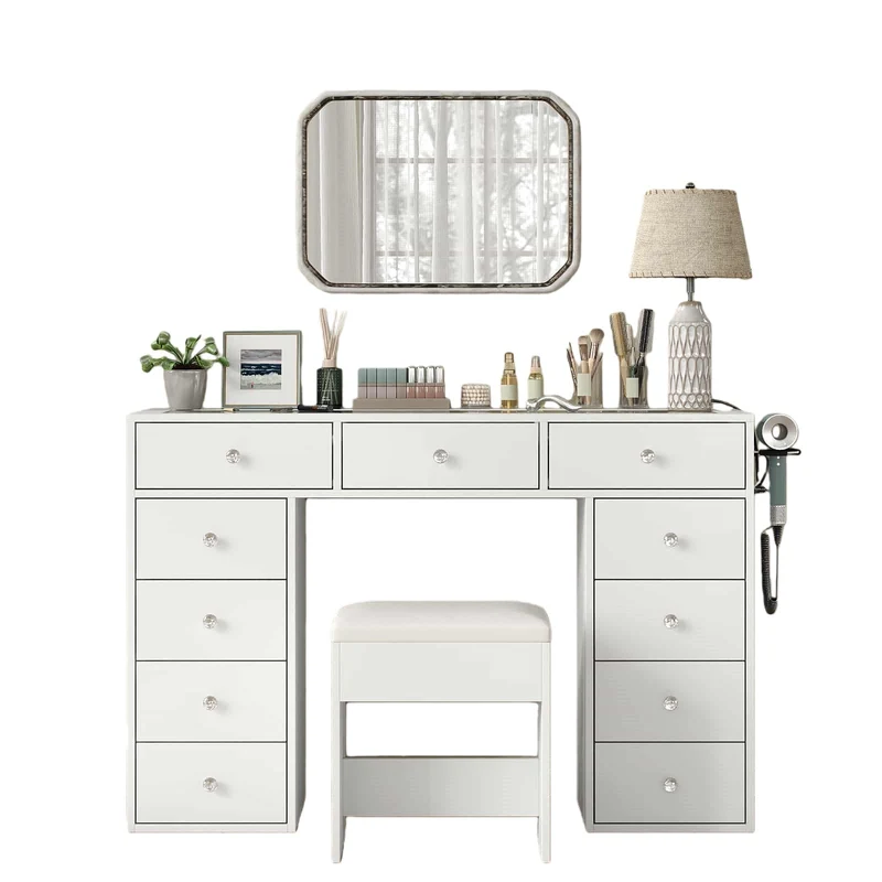 11-Drawer Mirror Vanity Desk with Charging Station White - Yanosaku