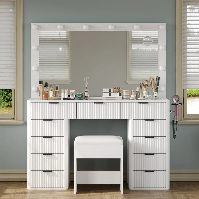 11-Drawer LED Mirror Vanity Desk - Yanosaku