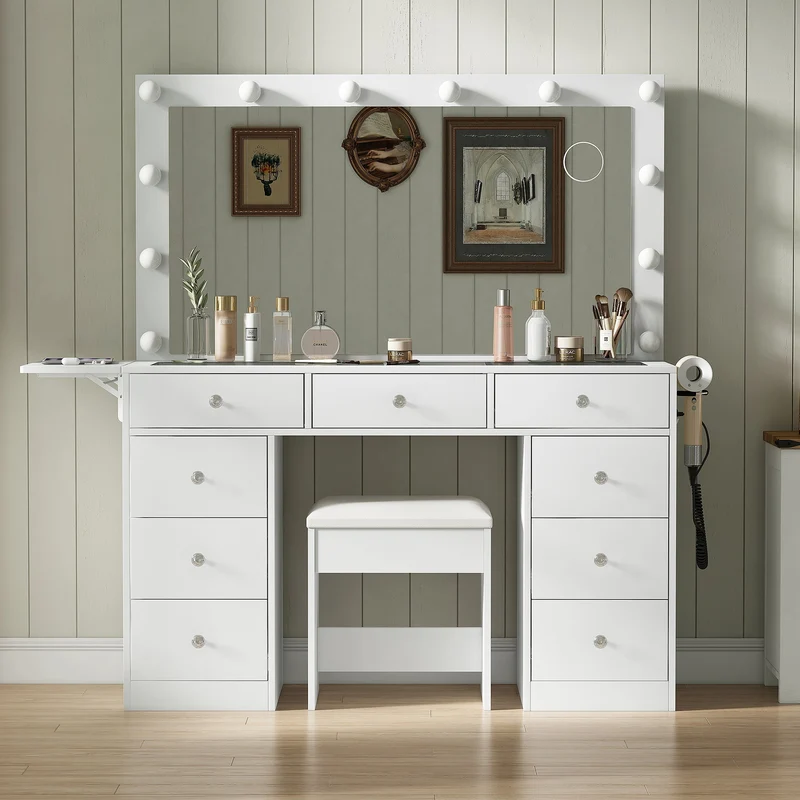 9-Drawer LED Mirror Vanity Desk - Yanosaku