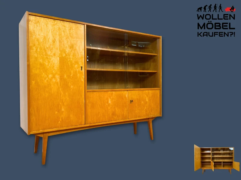Schöner heller Mid-Century Wohnzimmerschrank aus 1964 mit verstellbaren Regalböden I Vitrine Highboard Glasvitrine Bücherschrank Büchervitrine Sideboard Schrank Vintage Retro 60er I