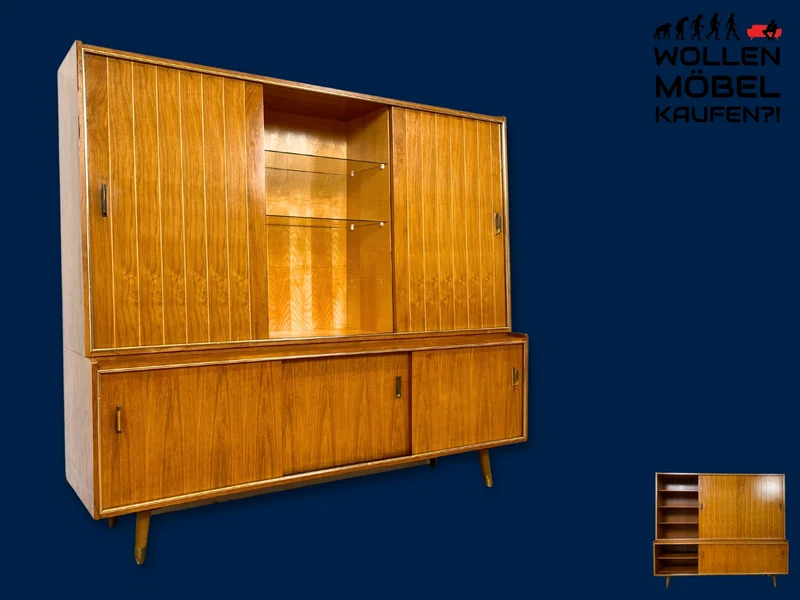 Hochwertiger 50er Jahre Wohnzimmerschrank aus vollem Holz in Nussbaum mit Schiebetüren I Highboard Bücherschrank Büchervitrine Sideboard Schrank Vintage Retro 60er I