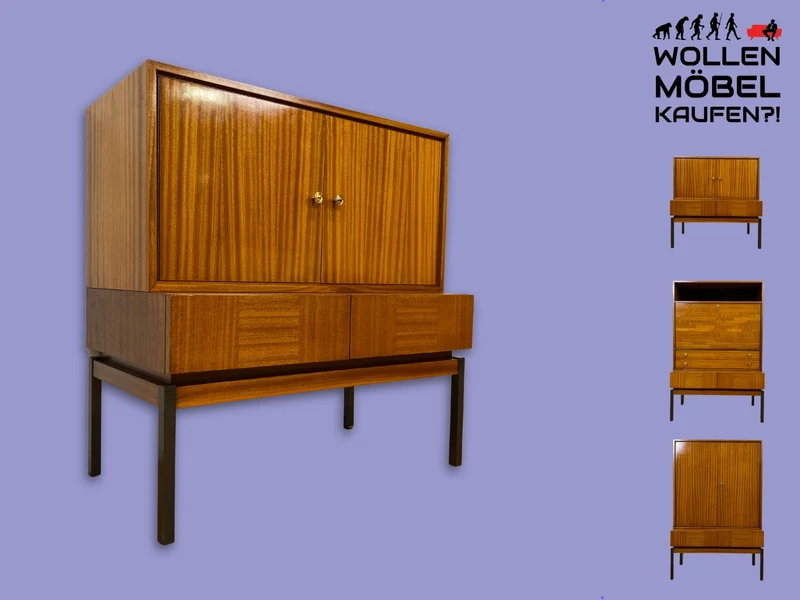 Hübsches und gut erhaltenes Mid-Century Highboard auf schwarzen Metallfüßen mit Schubladen I Schrank Kommode Sideboard Wäscheschrank Bücherschrank60er 70er VEB Vintage I