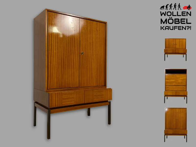 Schönes und gut erhaltenes Mid-Century Highboard auf schwarzen Metallfüßen mit Schubladen I Schrank Wäscheschrank Bücherschrank Kommode Sideboard 60er 70er VEB Vintage I