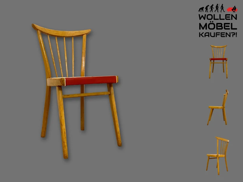 Formschöner und stabiler heller Mid-Century Sprossenstuhl aus Buchenholz mit rotem Kunstleder Sitz I Stuhl Holzstuhl Esszimmerstuhl Küchenstuhl 50er 60er Vintage I (Kopie)