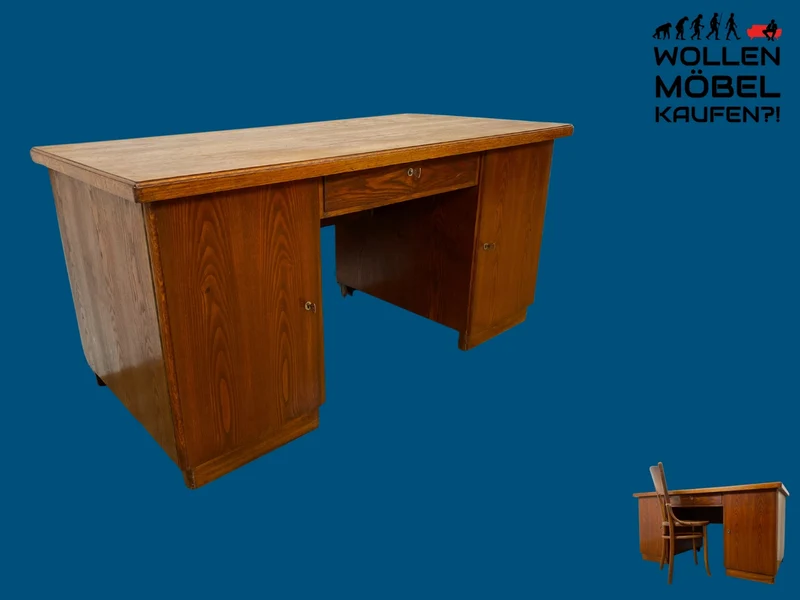 Sehr schöner freistehender 30er Jahre Art Deco Schreibtisch aus vollem Holz in Eiche mit Regal Rückseite I Arbeitstisch Bürotisch Writing Desk Antik Vintage Mid-Century I