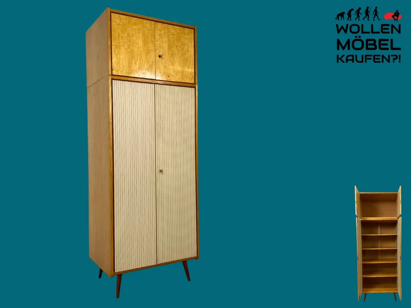 Stilvoller und gut erhaltener hoher Mid-Century Kleiderschrank mit Aufsatz I VEB Hellerau oder baugleich I Schrank Schlafzimmerschrank Wardrobe Wäscheschrank Vintage Retro I