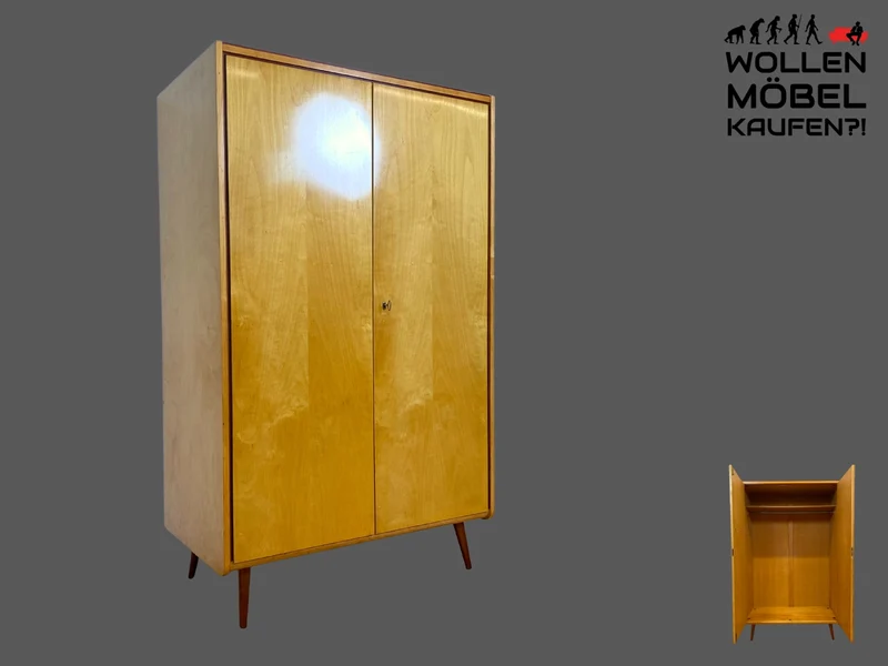 Schöner und sehr gut erhaltener heller 60er Jahre Kleiderschrank mit Kleiderstange & konischen Füssen I Schrank Schlafzimmerschrank Wardrobe Wäscheschrank Mid-Century Vintage I
