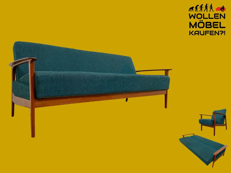Elegantes skandinavisches Mid-Century Sofa mit Schlaffunktion , Teakholz Rahmen, und petrol Blauem Original Bezug I Couch Schlafsofa Schlafcouch Daybed Sitzgarnitur Danish Design Vintage 60er I