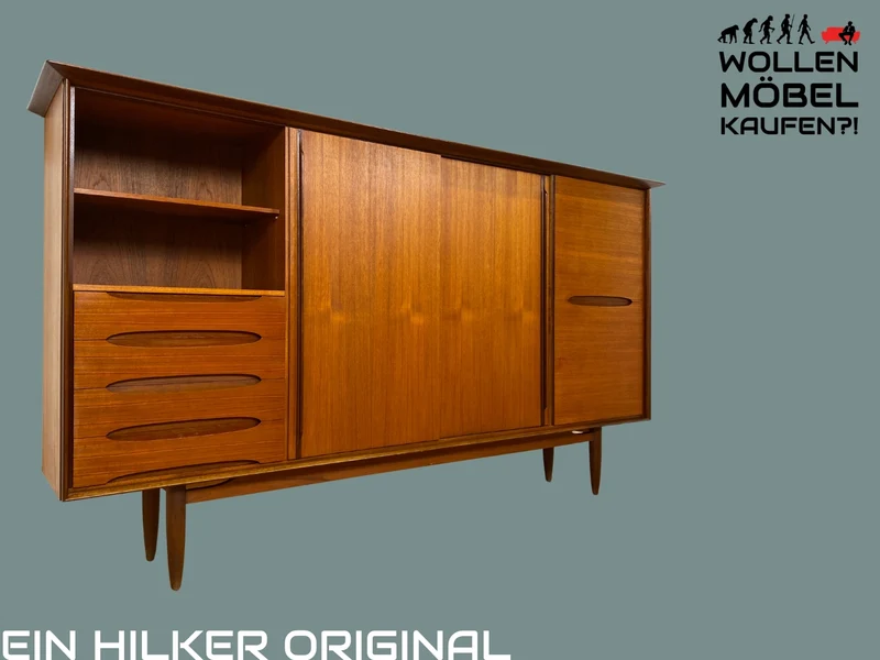 Stilvolles Mid-Century Designer Highboard von Hilker in Teakholz mit Schiebetüren I Schrank Sideboard Anrichte Bücherschrank Wohnzimmerschrank Danisch Design Vintage Teak I