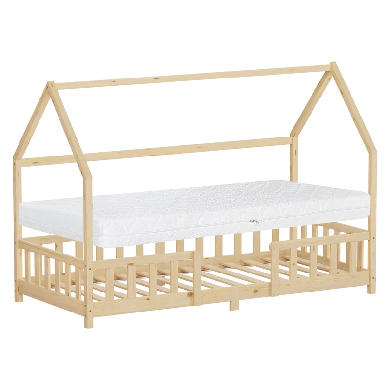 Kinderbett Hausbett 90x200 cm Natur aus Kiefernholz inkl. Matratze H-16cm Rausfallschutz Dach und Lattenrost ML-Design