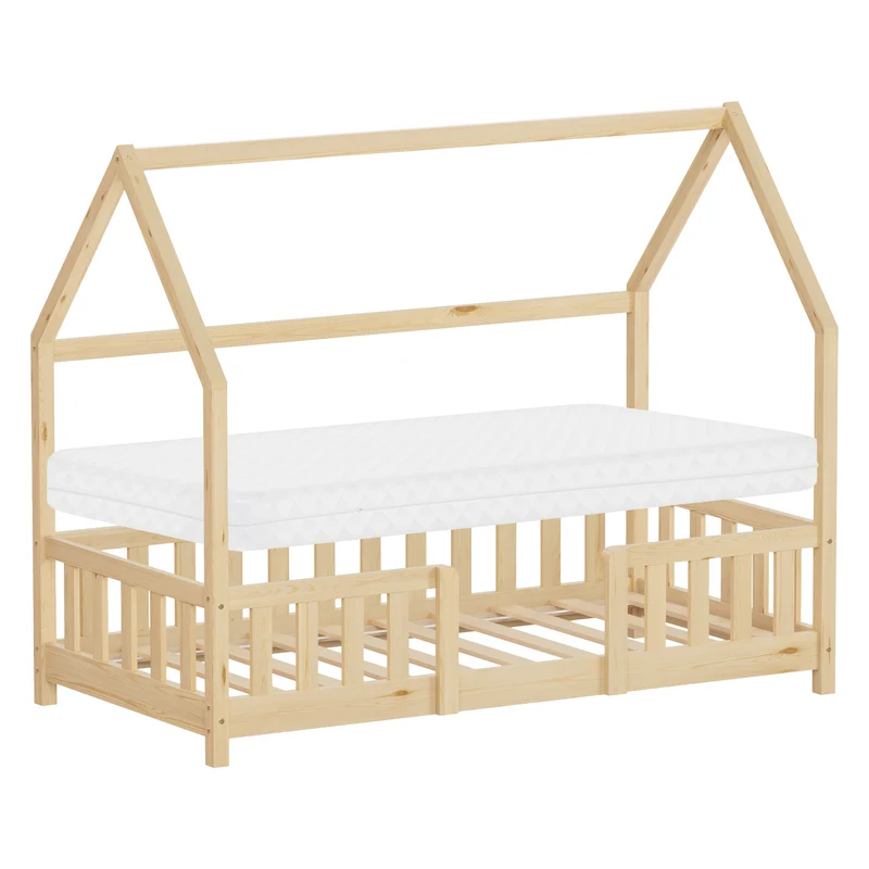 Kinderbett Hausbett 80x160 cm Natur aus Kiefernholz inkl. Matratze H-10cm Rausfallschutz Dach und Lattenrost ML-Design
