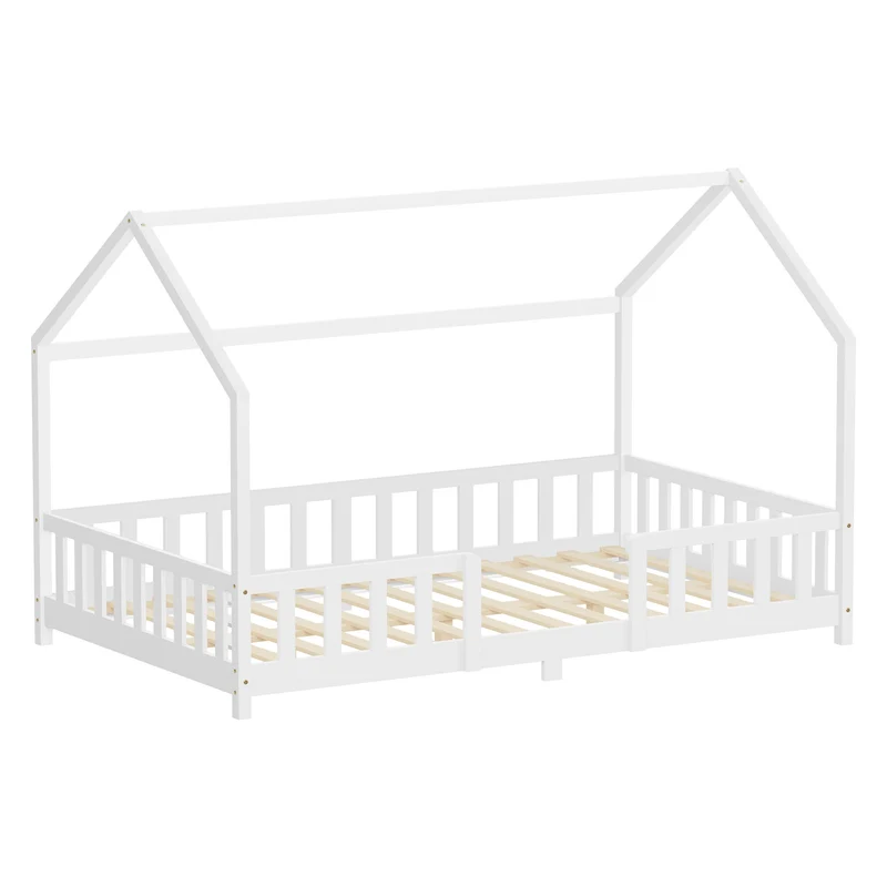 Kinderbett Hausbett 120x200 cm aus Kiefernholz Weiß mit Rausfallschutz Dach und Lattenrost Holzbett ML-Design
