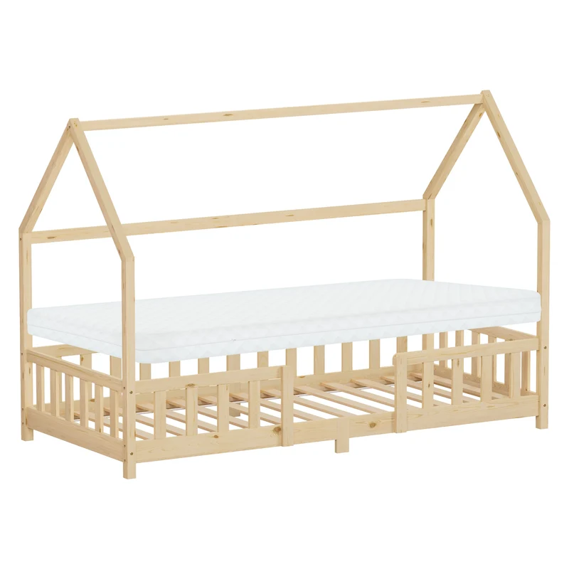 Kinderbett Hausbett 90x200 cm Natur aus Kiefernholz inkl. Matratze H-10cm Rausfallschutz Dach und Lattenrost ML-Design