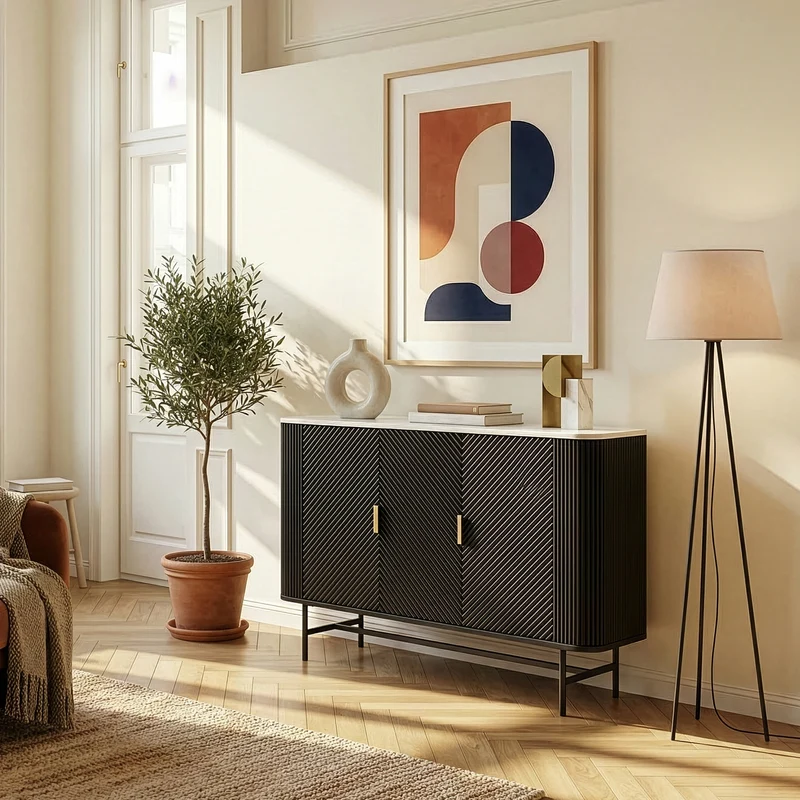 Sideboard Olvehok 110x40x77 cm Schwarz/Marmoroptik, weiß [en.casa]