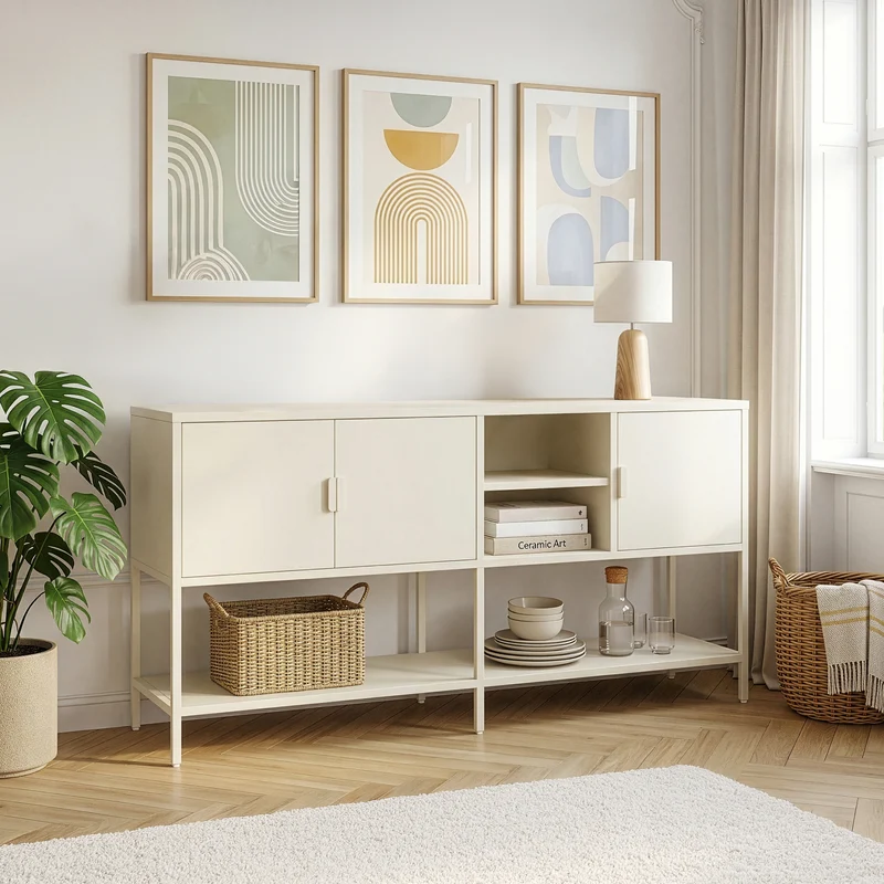 Sideboard Kliri Stahl 160x40x80 cm Cremeweiß [en.casa]