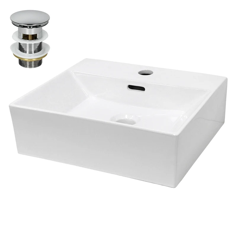 Waschbecken inkl. Ablaufgarnitur Silber mit Überlauf 41,5x36x13 cm Weiß aus Keramik LuxeBath