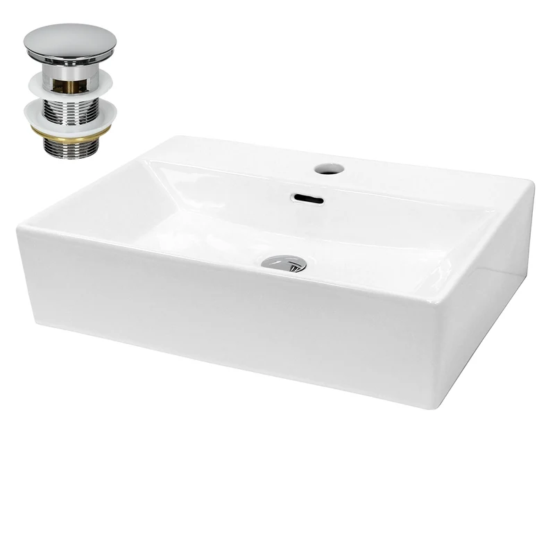 Waschbecken inkl. Ablaufgarnitur mit Überlauf 60,5x36x13 cm Weiß aus Keramik LuxeBath