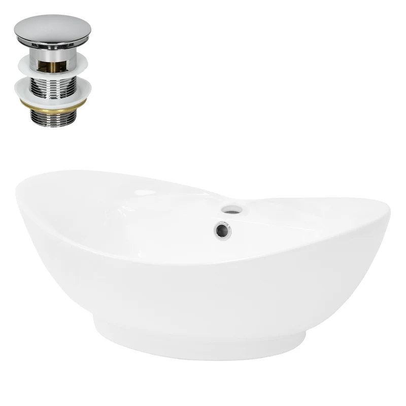 Waschbecken inkl. Ablaufgarnitur Silber mit Überlauf 59x39,5x20,5 cm Weiß aus Keramik LuxeBath